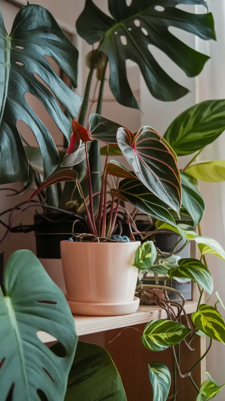 Anthurium Crystallinum in a pot on the shelf with another plants