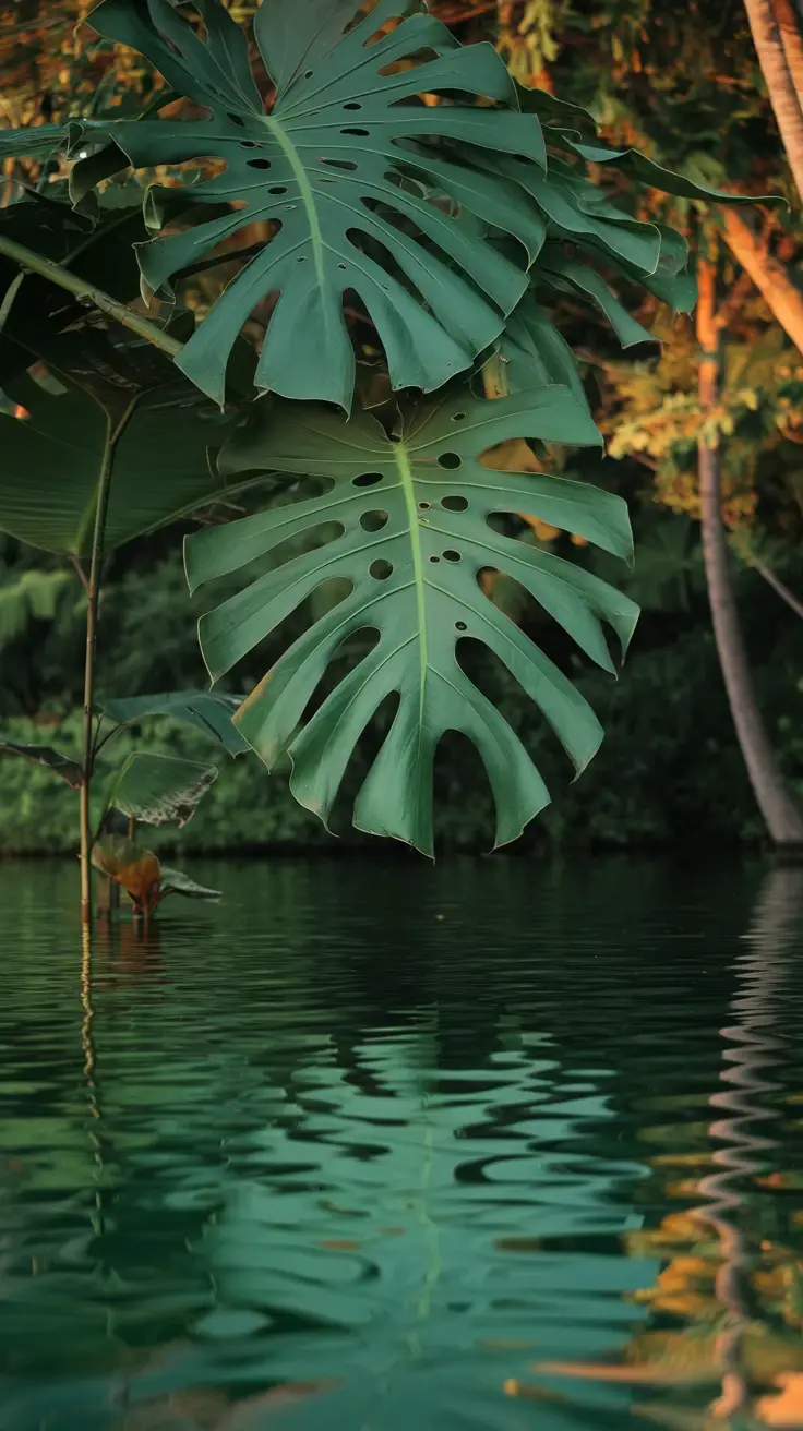 Monstera Obliqua against a tranquil water backdrop