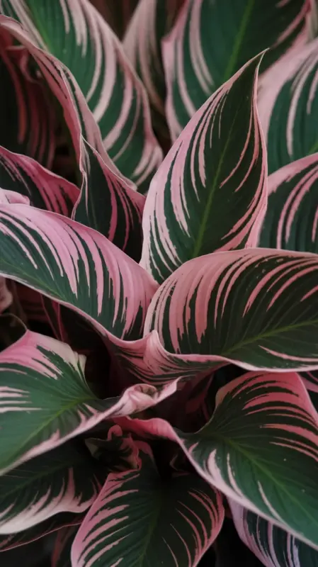 Close-up of the vibrant pink and green leaves of Tradescantia Nanouk