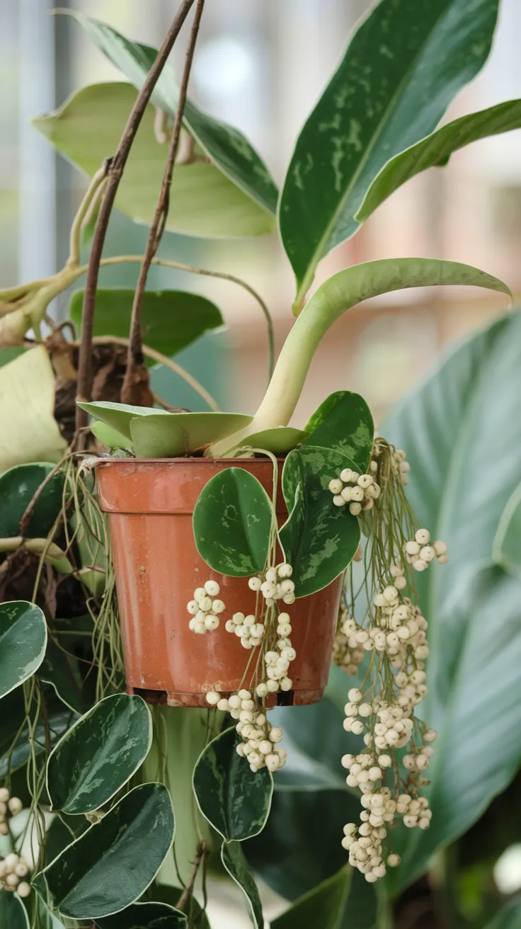 The plant in the pot hanging on a rope