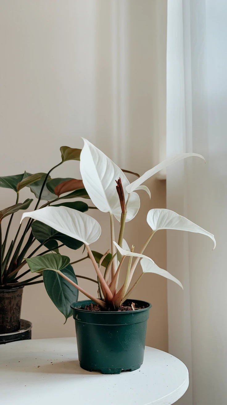 Philodendron plant featuring the White Knight variant with green leaves and distinctive white variegation.