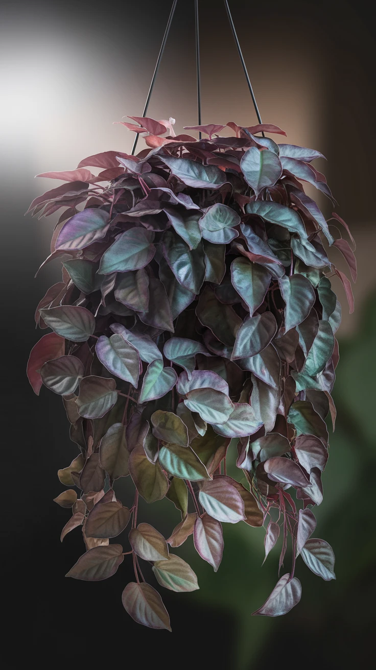 Plant in a simple ceramic pot suspended by a rope