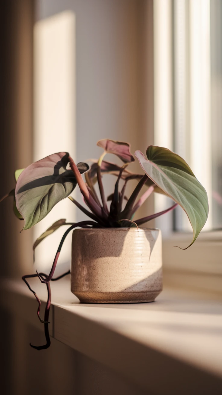 Plant in a small, neutral-toned ceramic pot on a sunlit windowsill