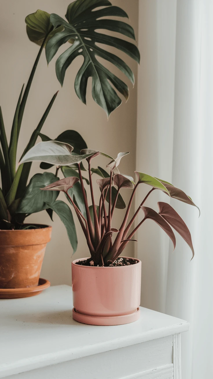 Philodendron Melanochrysum in a pot on a nightstand